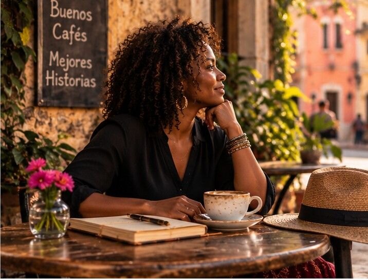 Woman at a café writing in a notebook beside a cup of coffee