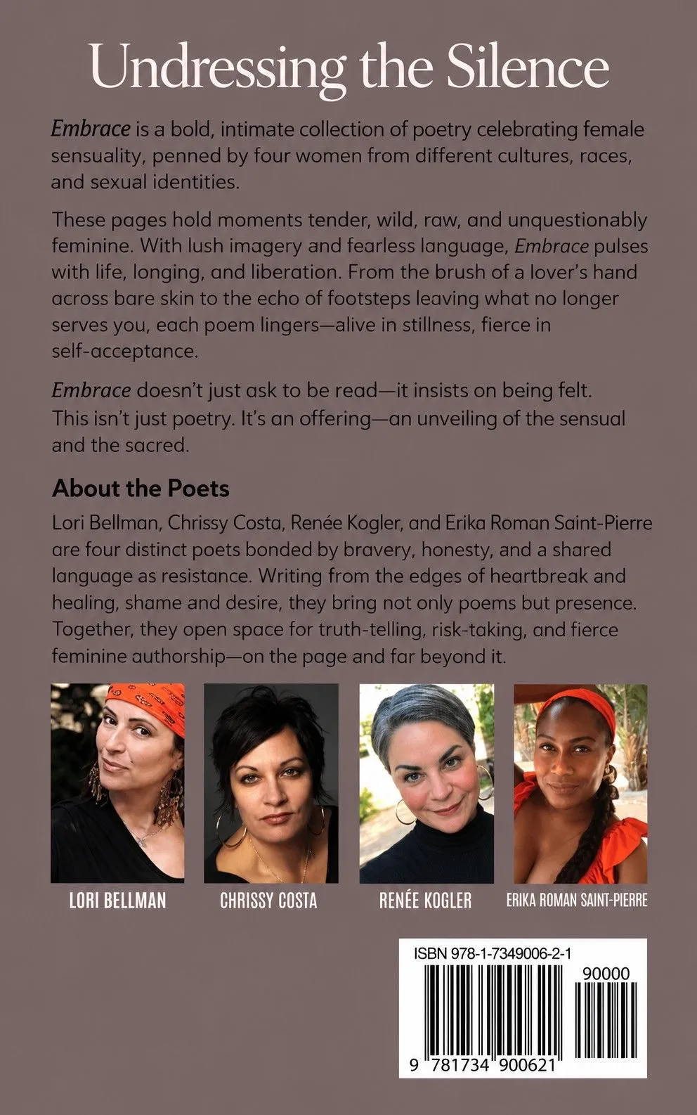 Back cover of Embrace: Poems That Undress The Silence with back-cover text and four author portraits