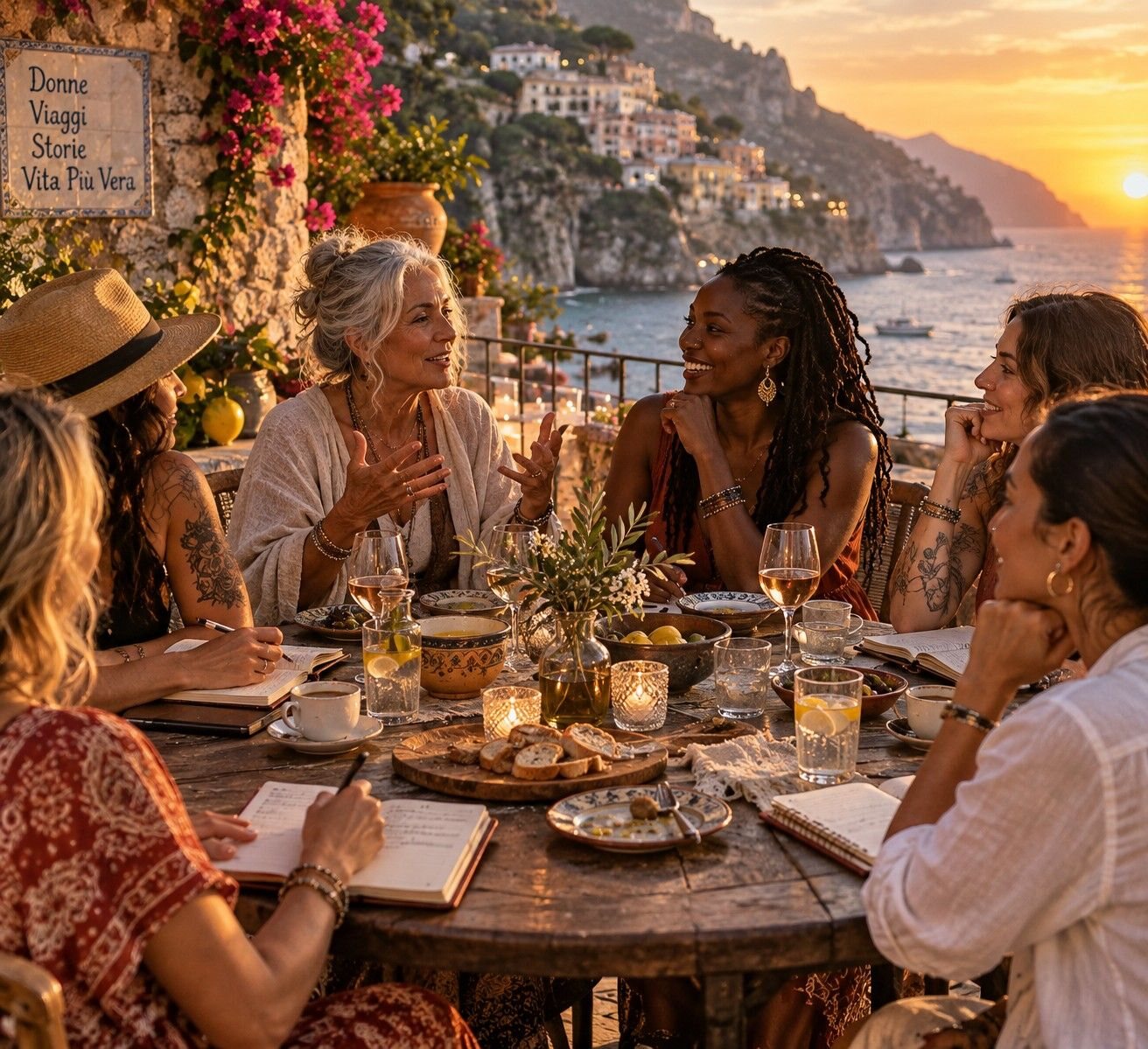 Women gathered around a table on a coastal terrace at sunset