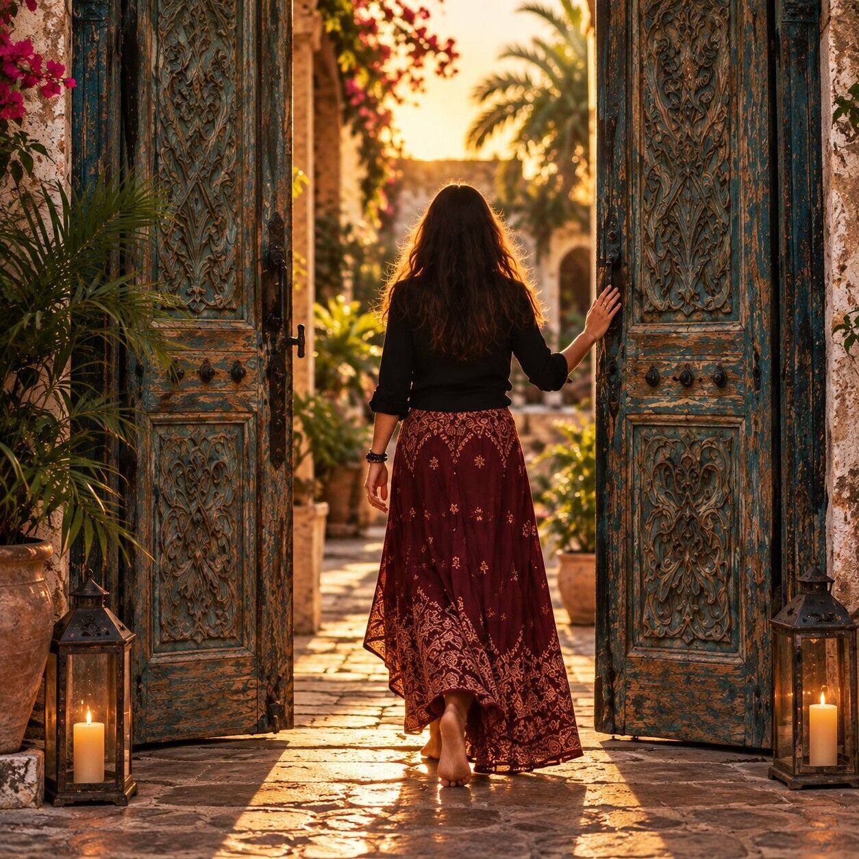 Woman walking through ornate open doors toward a sunlit garden